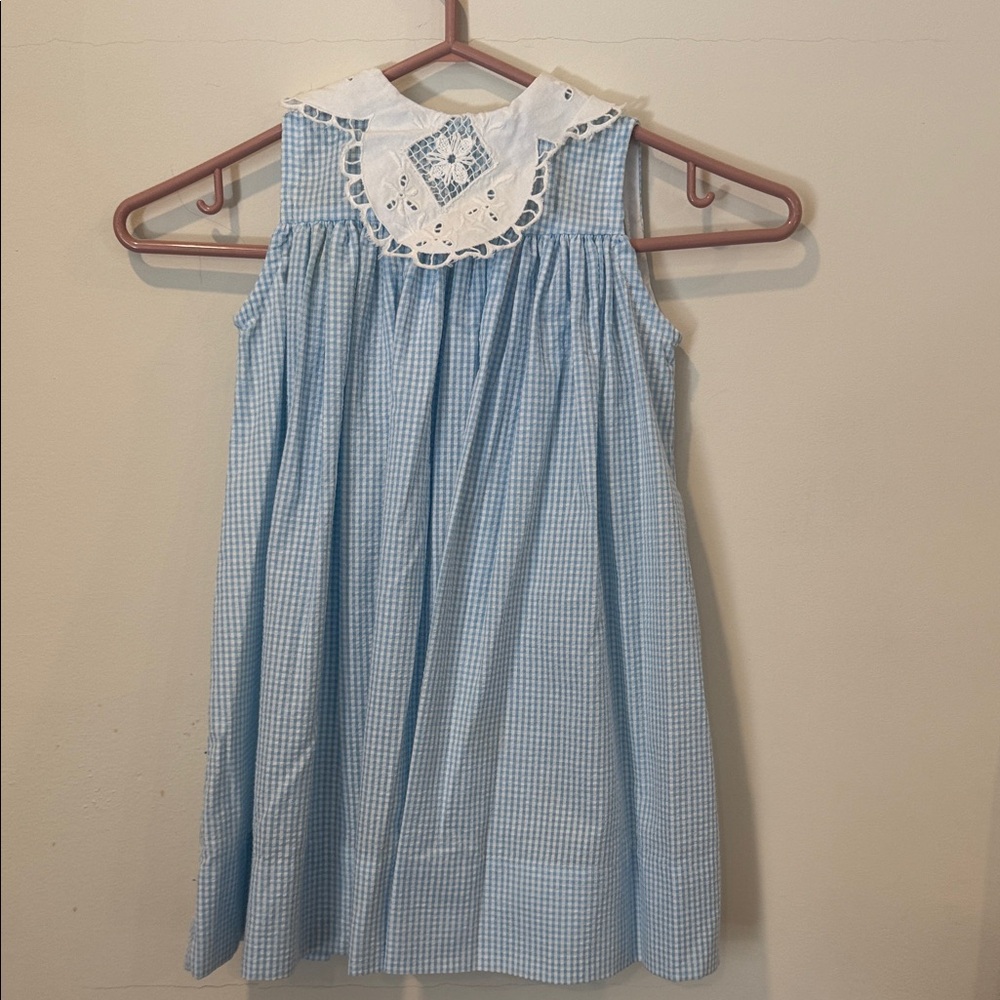 Blue Gingham Dress with Lace Collar